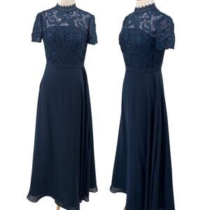 JJs House Gown Embroidered Crochet Lace Bodice Fit & Flare Chiffon Navy Womens 6